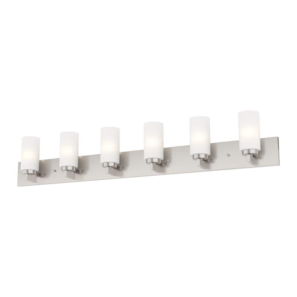 Brushed Nickel 6-Light Steel Vanity with Satin Opal Glass