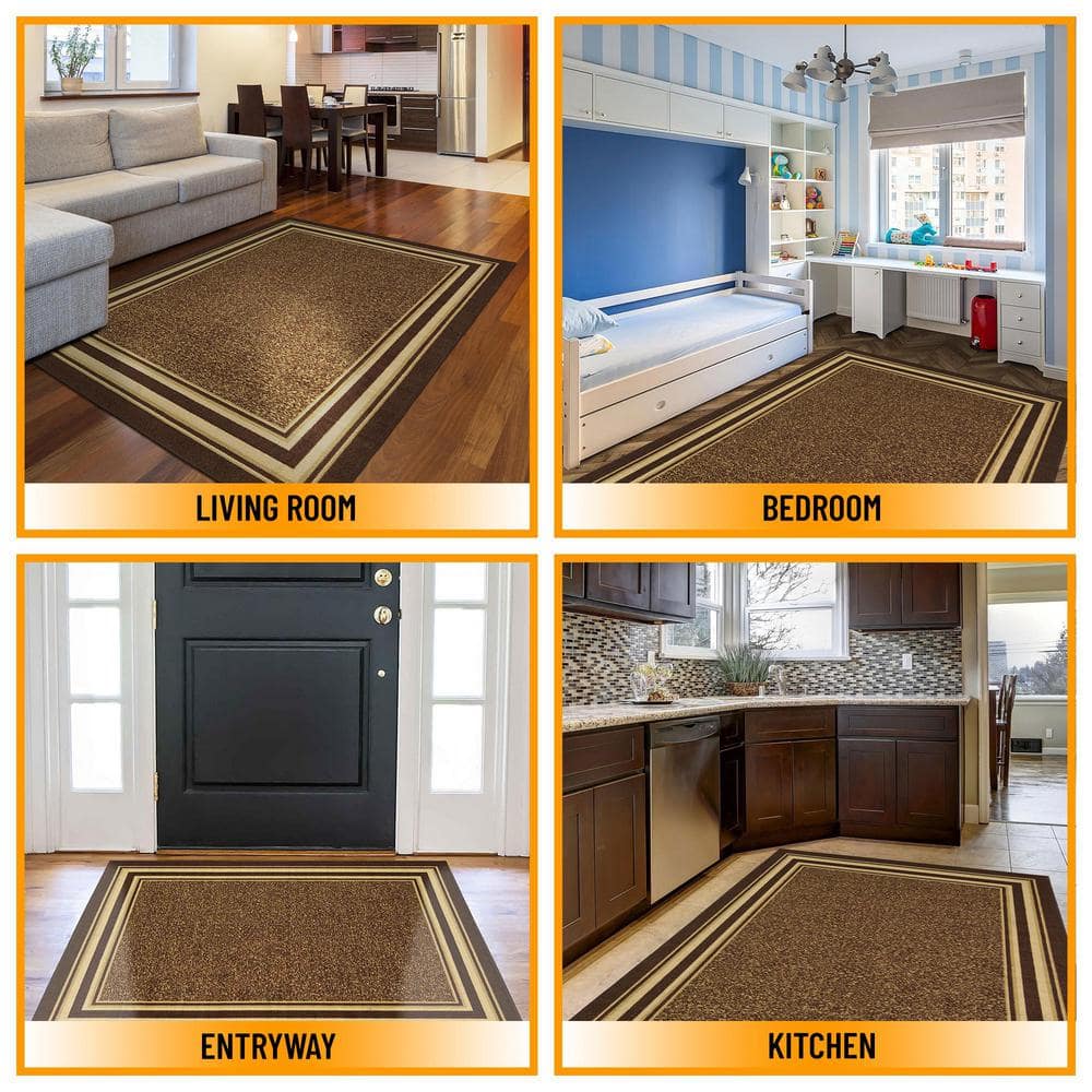Brown and Beige Bordered Non-Slip Synthetic Area Rug