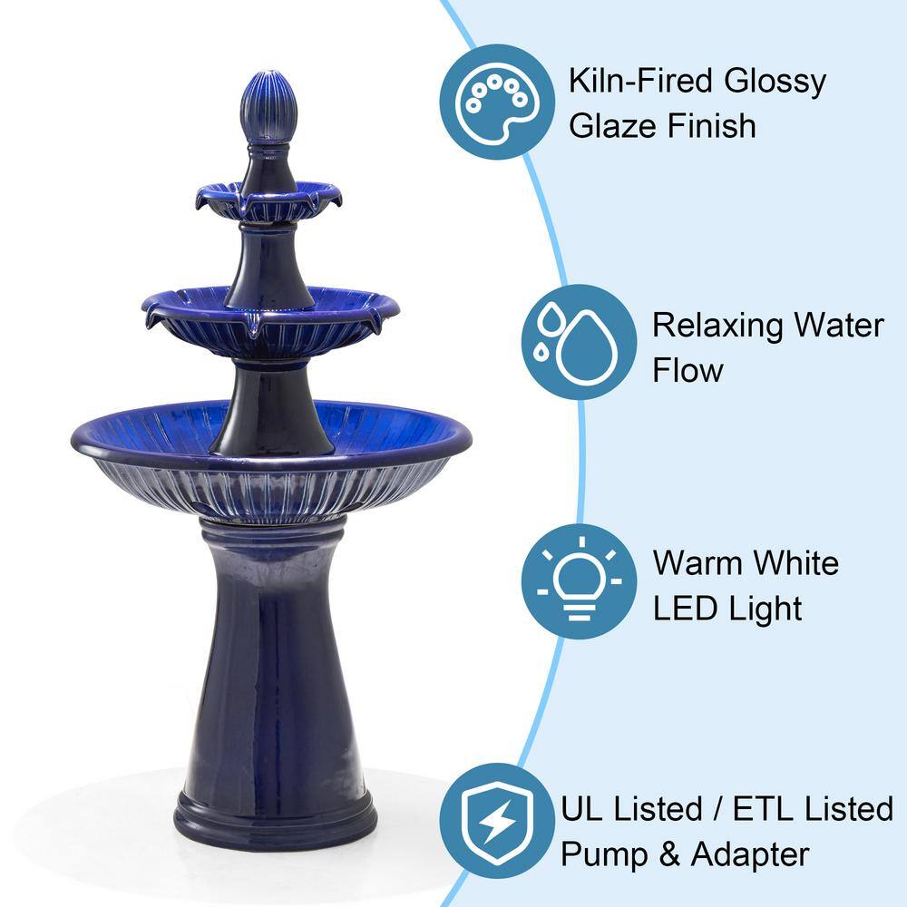 45.25" Cobalt Blue Ceramic 3-Tier Outdoor Fountain with LED Light