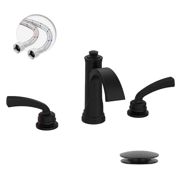 Waterfall 8 in. Widespread Double-Handle Black Bathroom Faucet Set 3-Holes Vanity Sink with Metal Drain in Matte Black