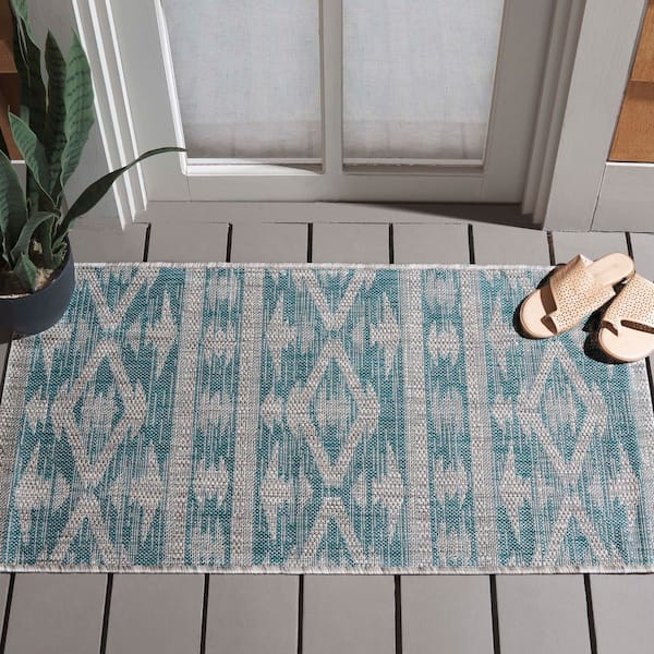 Courtyard Aqua/Gray 2 ft. x 4 ft. Geometric Striped Diamond Indoor/Outdoor Area Rug