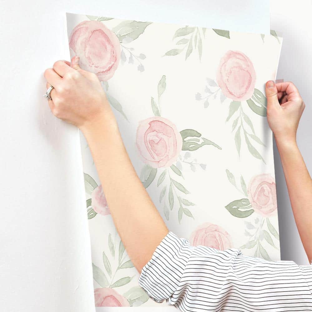 Coral Watercolor Roses Vinyl-Coated Removable Wallpaper