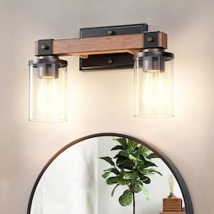 13.9 in. 2 Light Brown Vanity Light with Clear Glass Shade