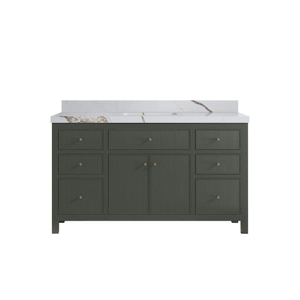 Willow Collections Sonoma 60 in. W x 22 in. D x 36 in. H Single Sink Bath Vanity in Pewter Green with 2 in. Calacatta Gold Quartz Top