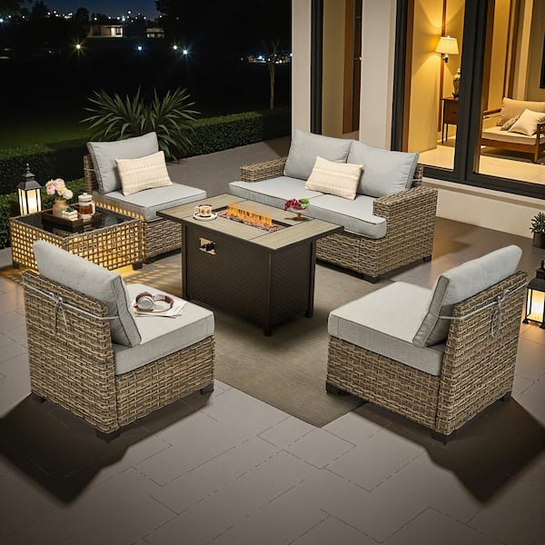 Silvae Gray Wicker 7-Piece Outdoor Patio Furniture Set in Patio Conversation Set w/ Fire Pit TableandLight Gray Cushion