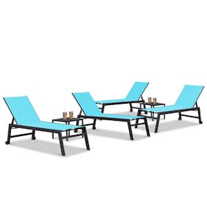 6-Pieces Aluminum Outdoor Chaise Lounge Patio Lounge Chair with Side Table and Wheels, Turquoise Blue