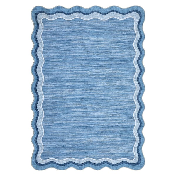 Washable Carpet Blue 9 ft. x 12 ft. Soft Non-Slip Thin Area Rug Irregular Solid Color Decorative Carpet
