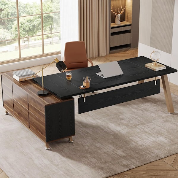 BYBLIGHT Lanita 71 in. L-Shaped Black and Brown Wood 2-Drawer