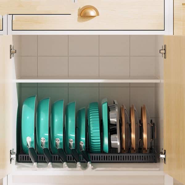 Expandable Black Standing Pot Rack for Kitchen Cabinet Organizers and Storage with 12 Adjustable Dividers