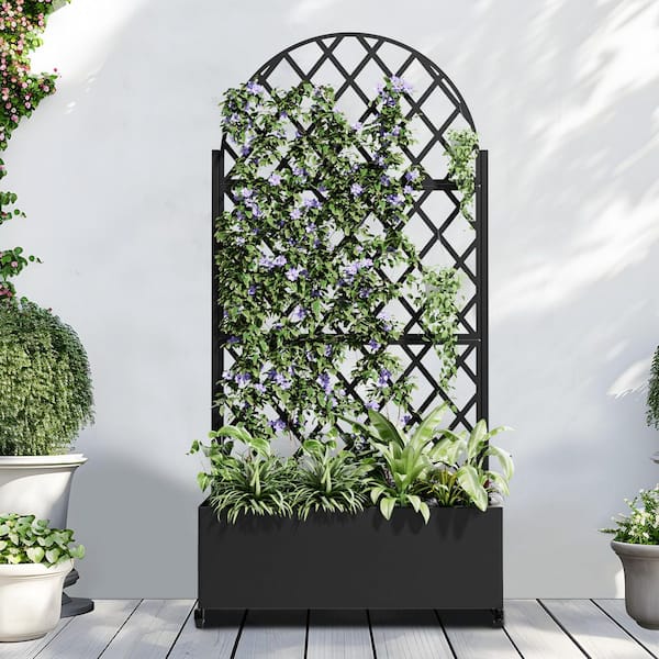 73 in. x16 in. x35 in. Black Metal Iron Planter Box with Attached Trellis for Climbing Vegetation