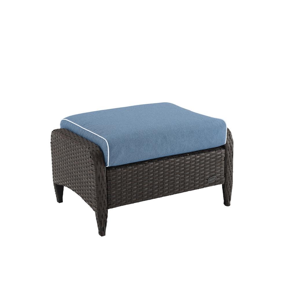 Kiawah Wicker Outdoor Ottoman with Blue Cushions