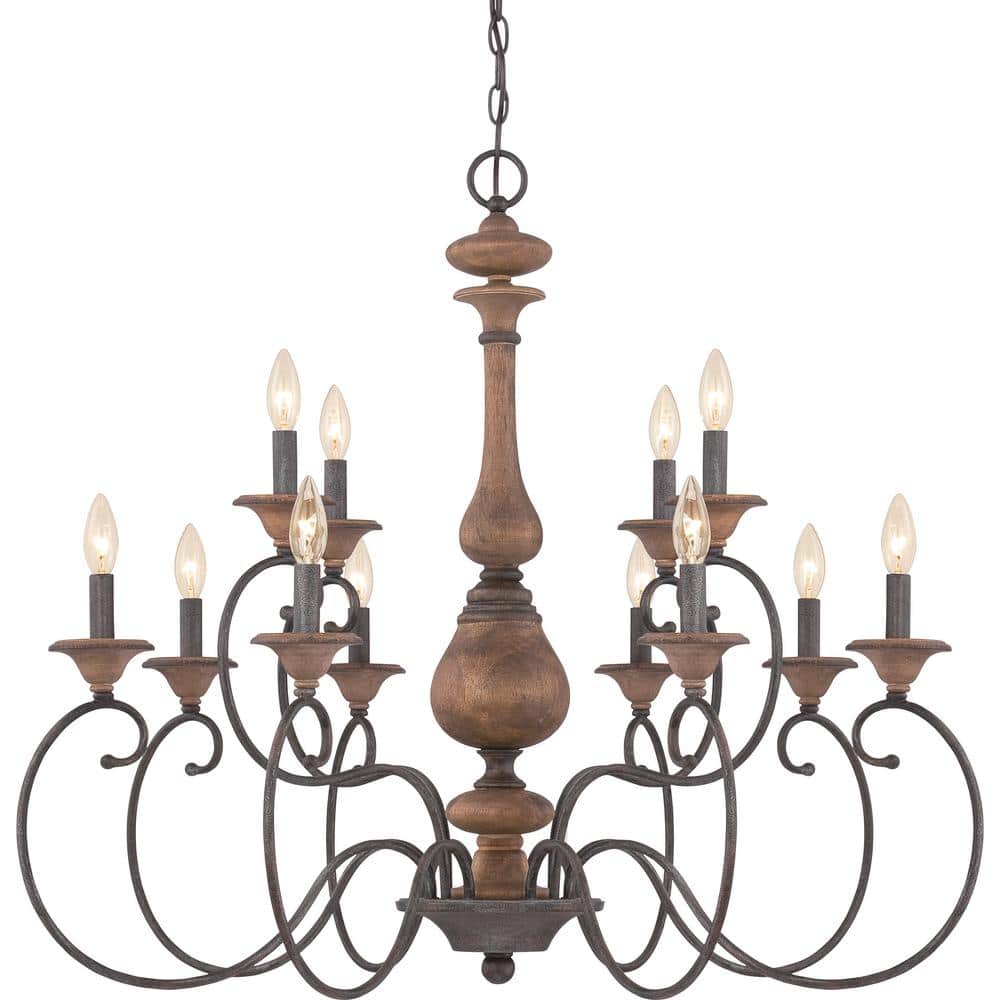 Rustic Black and Walnut 12-Light Candle Chandelier