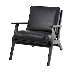 Black Mid-Century Leather Accent Chair with Teak Wood Frame