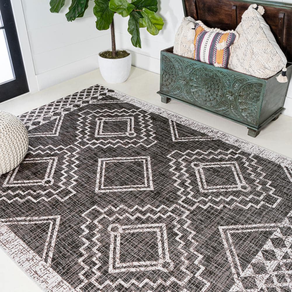 Marokko Black and Ivory Geometric Indoor/Outdoor Rug