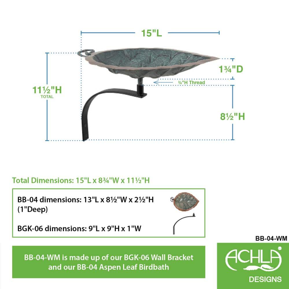 Aspen Leaf Copper Birdbath with Wall Mount Bracket