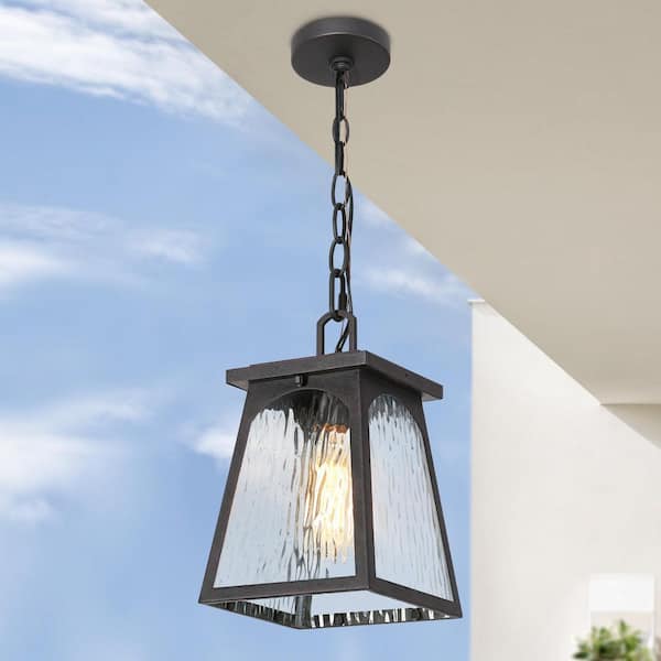 LNC 11 in. 1-light Rusty Bronze Geometric Outdoor Pendant Light with Rippled Glass Hanging Lantern for Covered Outdoor Areas