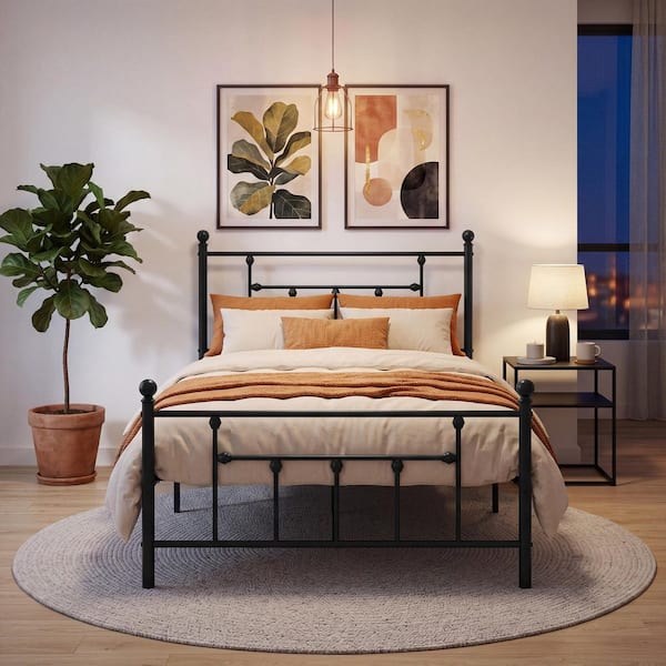39 in. W Black Twin Size Bed Frame Heavy Duty Metal Platform, Premium Steel Slat With Headboard and Footboard
