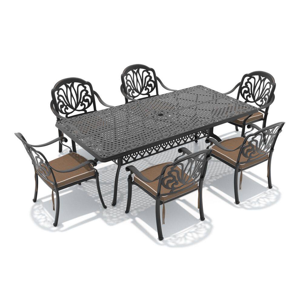 7-Piece Aluminum Patio Outdoor Dining Set with 6 Chairs, Rectangular Table, Umbrella Hole and Brown Cushions price history on PriceWatchPro
