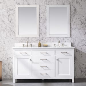 Jasper 60 in. W x 22 in. D Bath Vanity in White with Engineered Stone Vanity in Carrara White with White Sinks
