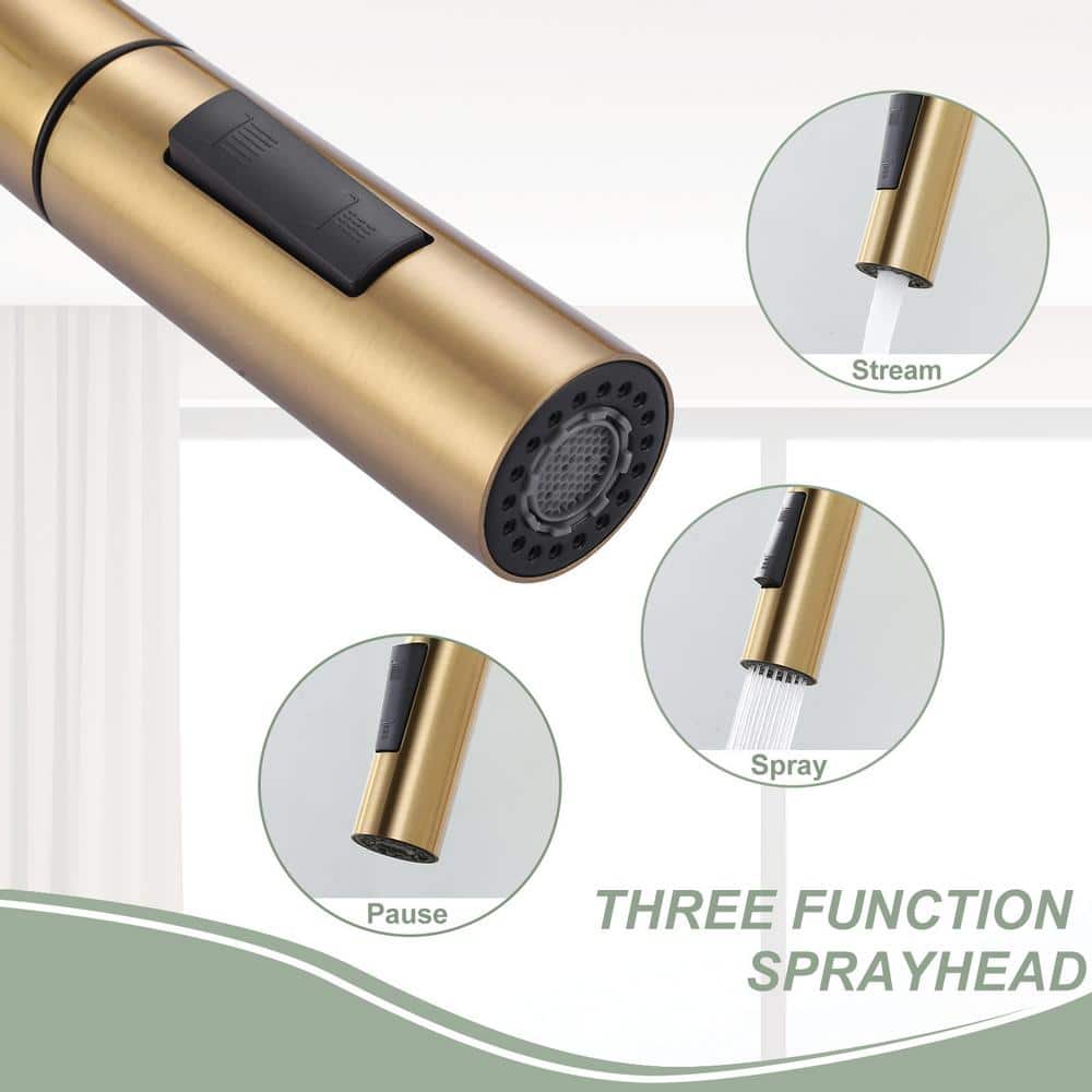 Brushed Gold Stainless Steel Pull Down Kitchen Faucet with Soap Dispenser