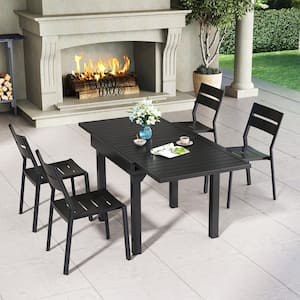 Black 5-Piece Aluminum Outdoor Dining Set with Expandable Rectangle 63 in. Table and Stackable Chairs for 4-6-Person