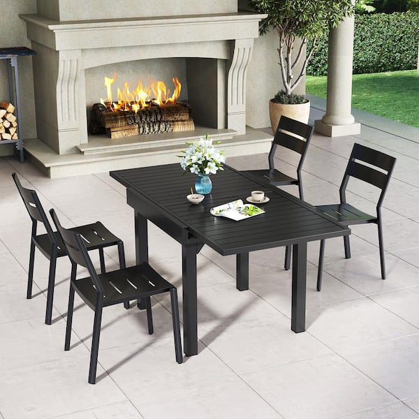 Pellebant Black 5-Piece Aluminum Outdoor Dining Set with Expandable Rectangle 63 in. Table and Stackable Chairs for 4-6-Person