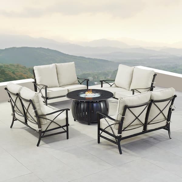 Oakland Living Black Aluminum Fire Table Set with 4-Deep Seating Loveseats
