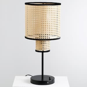 Modern Bohemian 22 in. Beige Tan Table Lamp, 2 Tier PVC Rattan Shade With Velvet Rim, With USB Port