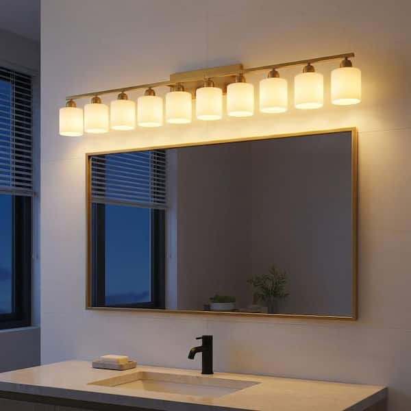65 in. 10-Light Gold Grain Finish Vanity Light Fixture Bathroom Over Mirror Wall Lights with White Glass Shades