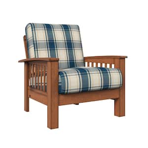 Omaha Mission Style Arm Chair with Exposed Wood Frame in Blue Plaid