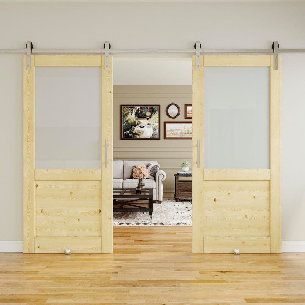 72 in. x 80 in. 1/2-Lite Frosted Glass Unfinished Glass MDF Sliding Barn Door with Hardware Kit Nickel Plated price history on PriceWatchPro