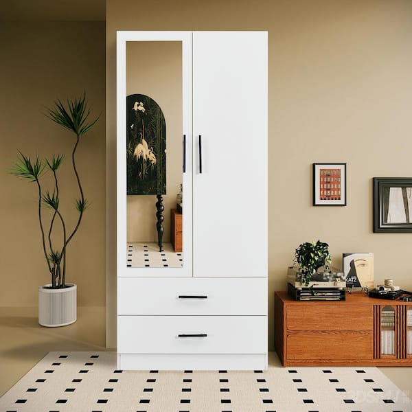 Keloyid White Wood 31.5 in. Armoire with 2-Drawers and 4-Shelves