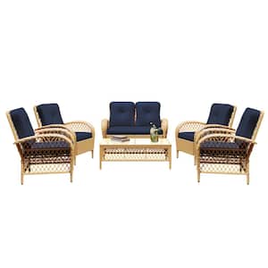 6--Piece Beige Wicker Patio Conversation Seating Set with Navy Blue Cushions and Coffee Table