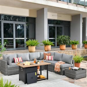Sanibel Gray 8-Piece Wicker Outdoor Patio Conversation Sofa Seating Set with a Storage Fire Pit and Dark Gray Cushions