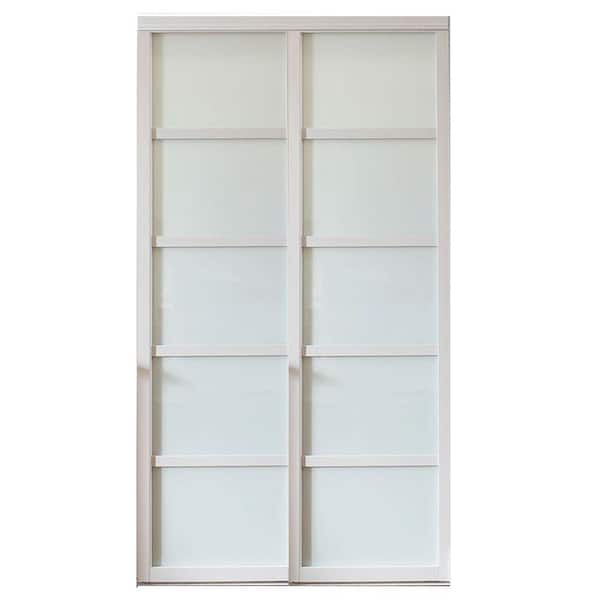 Contractors Wardrobe 48 in. x 96 in. Tranquility 5-Lite White Wood Frame White Back Painted Glass Panels Interior Sliding Closet Door