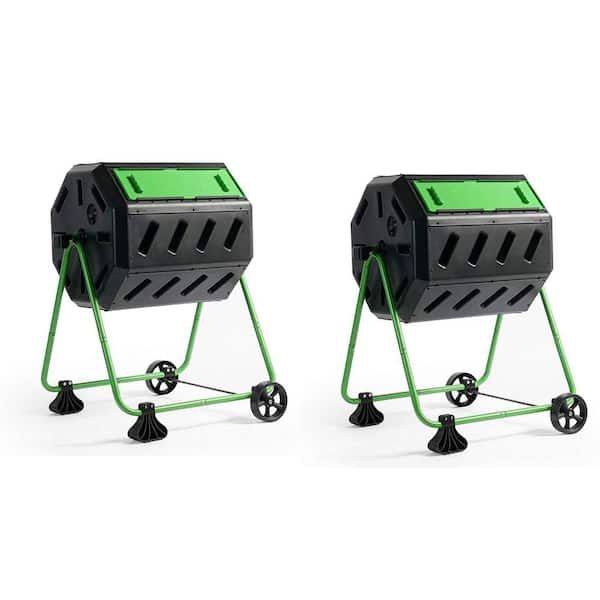 HOTFROG 37 Gal. Dual Chamber Quick Curing Tumbling Composter Bin, Black (2-Pack)