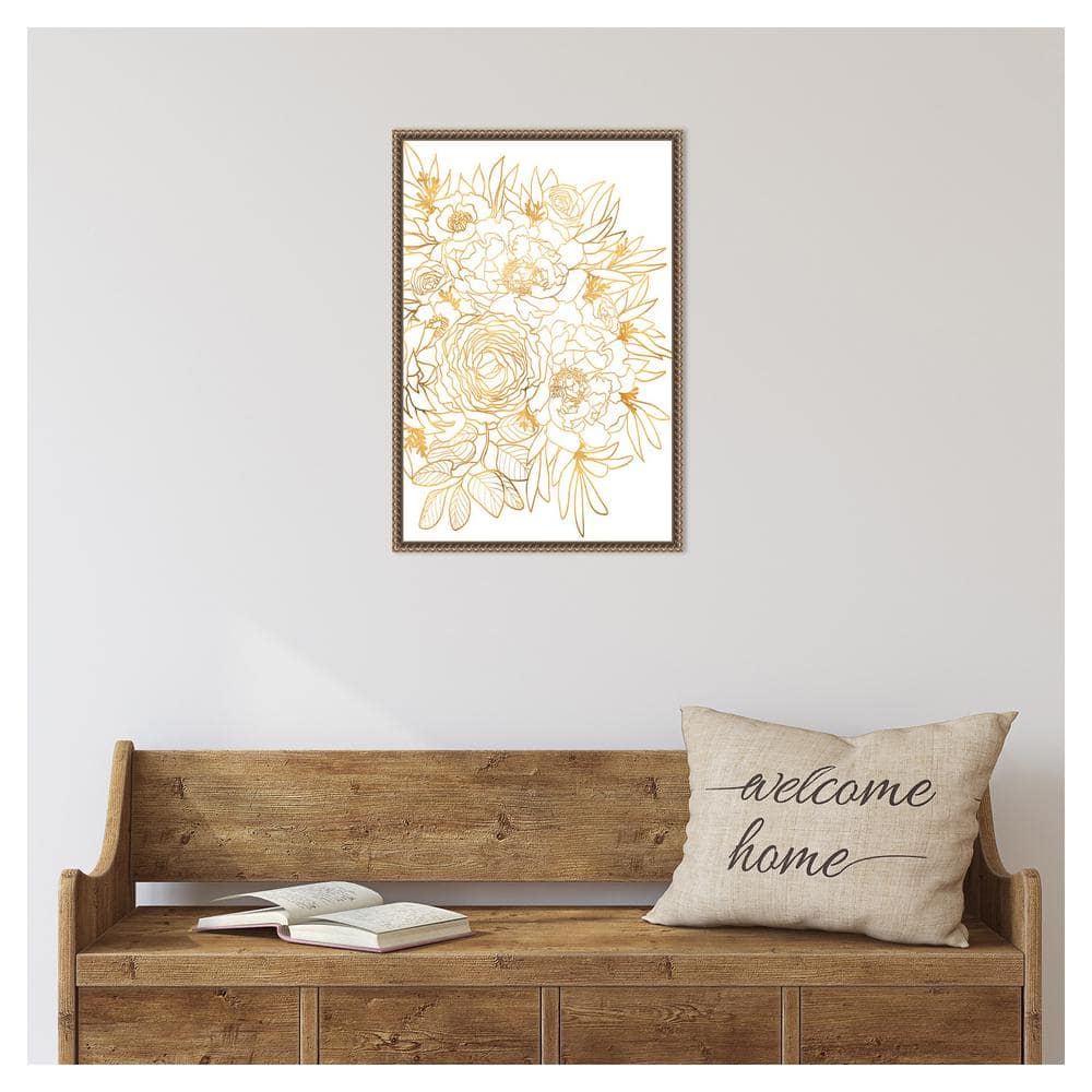 Gold Botanical-Inspired Floral Canvas Print with Beaded Frame