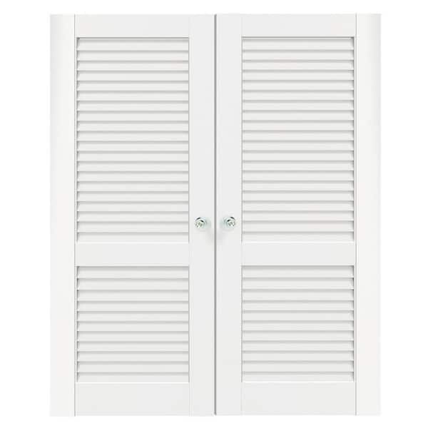 TENONER 64 in. x 80 in. Louvered Panel, Composite, Solid MDF Core, Primed, White Interior Door Slab With Silver Sphere Doorknob