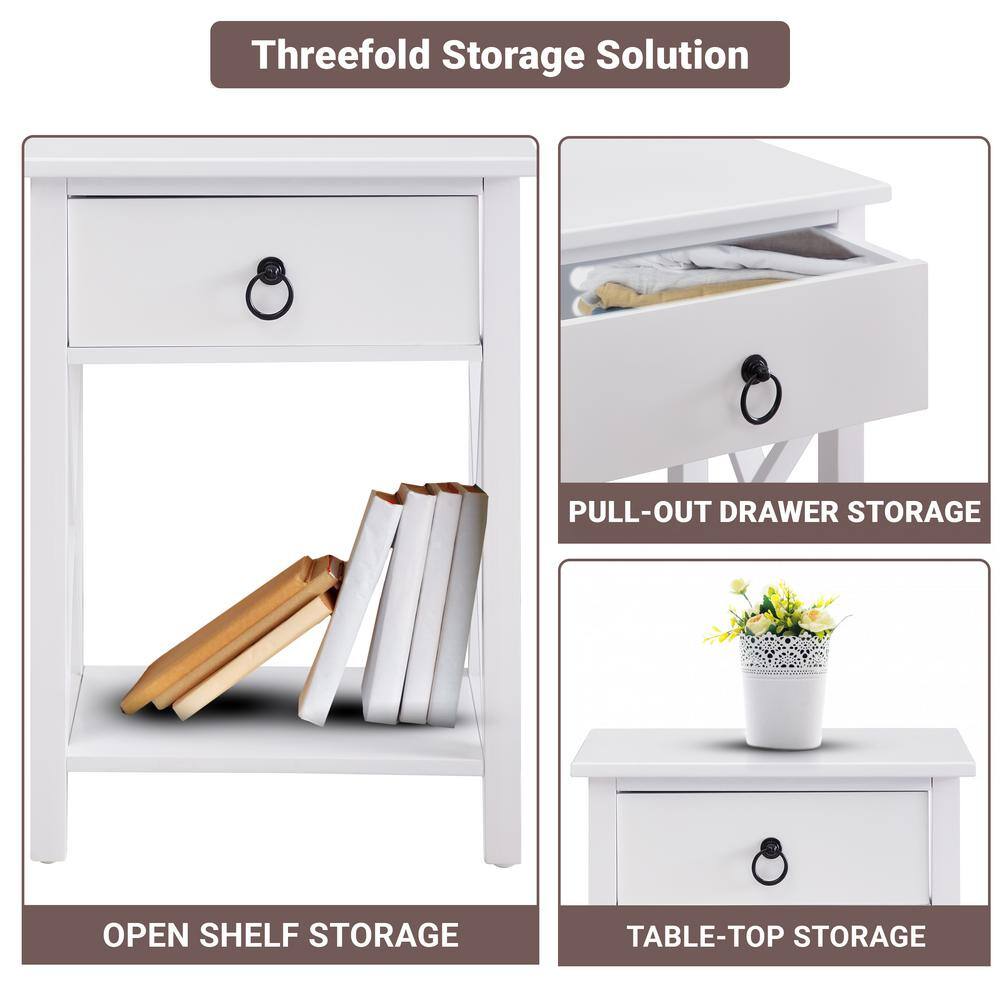 12 in. White Wood Rectangle End Table with Drawer and Shelf