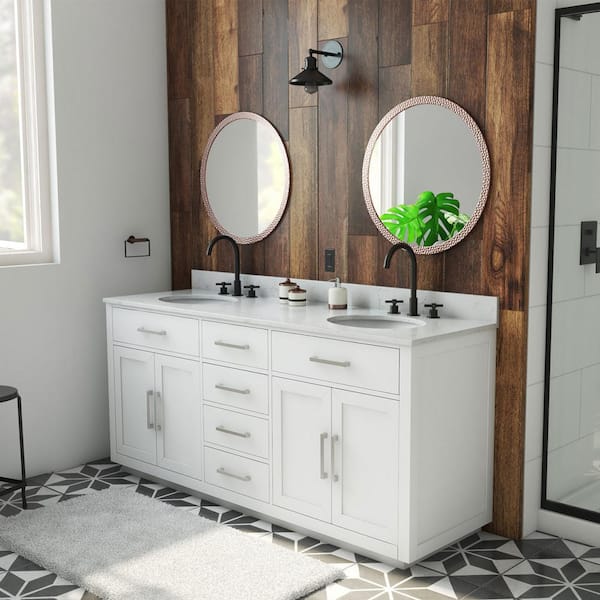 DreamLine Dexterity 72 in. W x 22 in. D x 34 in . H Oak Vanity with Oval Undermount Sinks - White with White Top