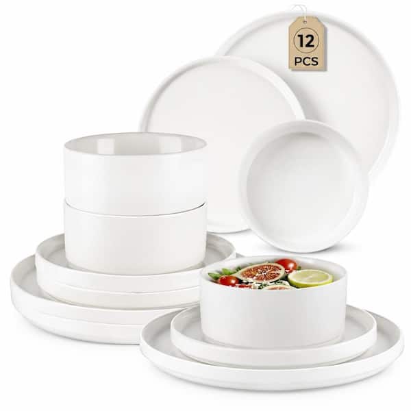 12 piece modern matte stoneware dinnerware set service for 4 white chip resistant scratch resistant dinnerware set