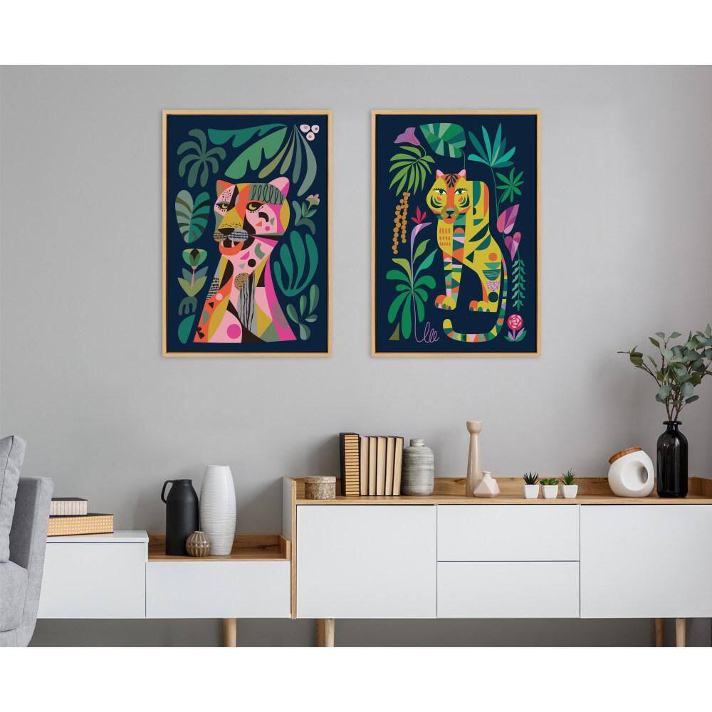 Colorful Jungle Tiger Print on Canvas with Natural Frame