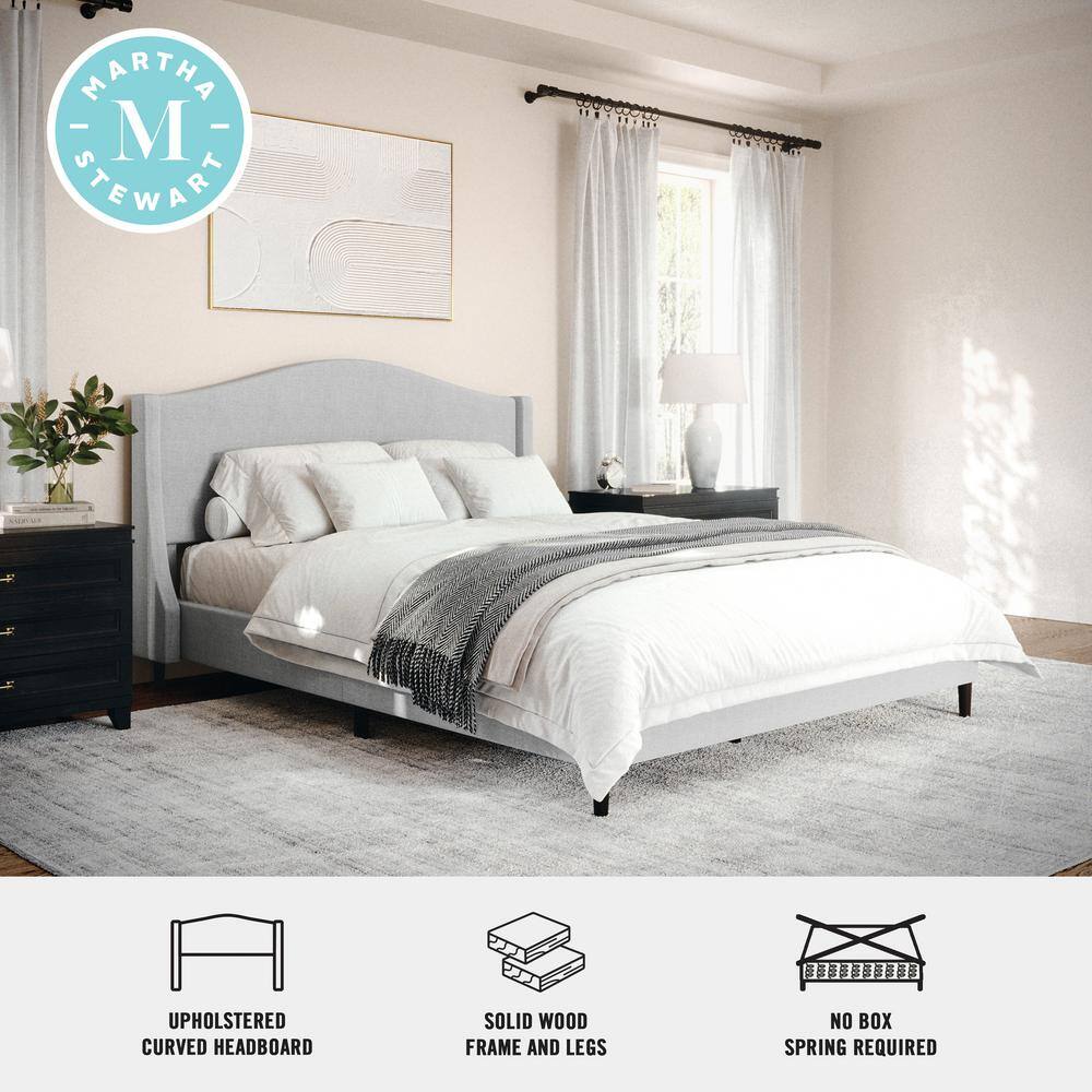 Gray Queen Upholstered Platform Bed with Curved Headboard and Wood Frame