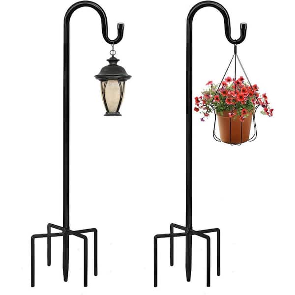 48 in. Adjustable Rust Resistant Shepherd Hooks for Outdoor Use with 5 Prongs, Heavy Duty Black Metal, 2 Pack