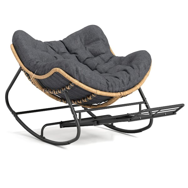 YIYEKE Oversized PE Wicker Outdoor Rocking Chair with Footrest and Gray Cushion