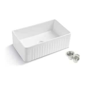 Kingsman White Fireclay 30 in. Single Bowl Farmhouse Apron Reversible Kitchen Sink with Strainer