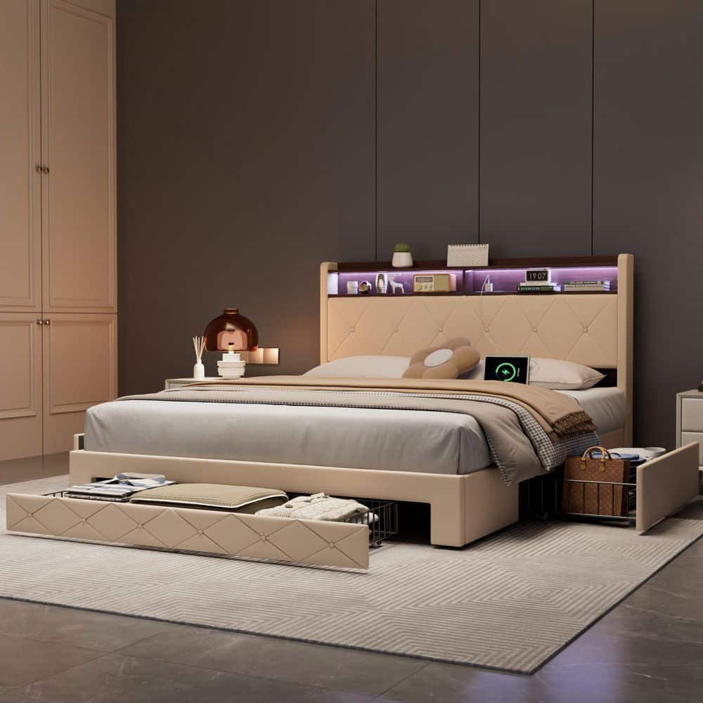 Storage Bed Beige Metal Frame Queen Platform Bed with Power Station, USB Ports and Storage Shelf Headboard, Drawers - thumbnail 8