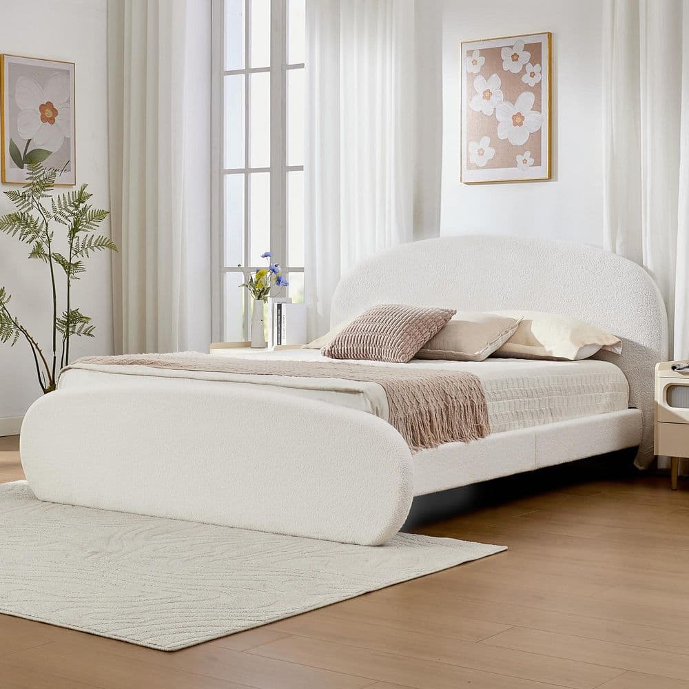 Curved Boucle White Plywood Frame Full Size Upholstered Platform Bed with Headboard Cover and Under-Bed Clearance price history on PriceWatchPro