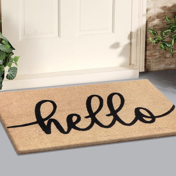 A1HC Black Hello 18 in. x 30 in. Natural Coir Heavy Duty Non Slip PVC Backing Outdoor Welcome Mat