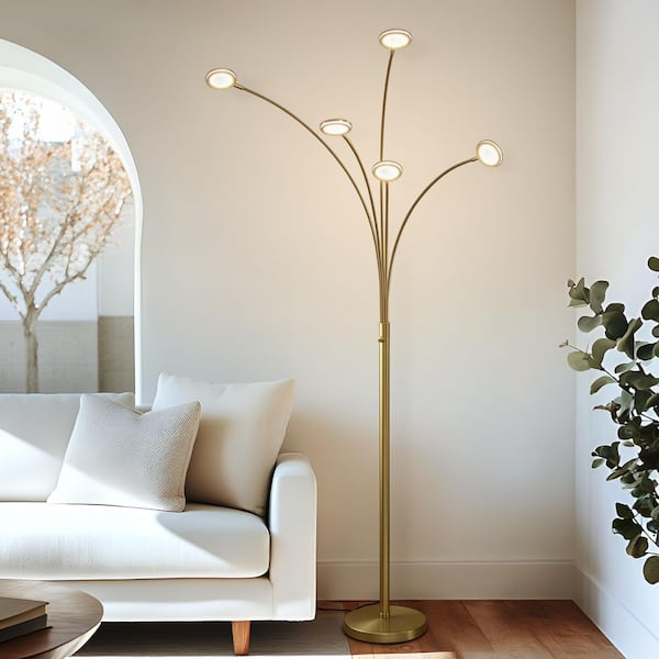 Orion 70 in. Antiqued Brass Contemporary Modern 5-Light LED Arc Floor Lamp with 5 Adjustable Swing Arm Heads